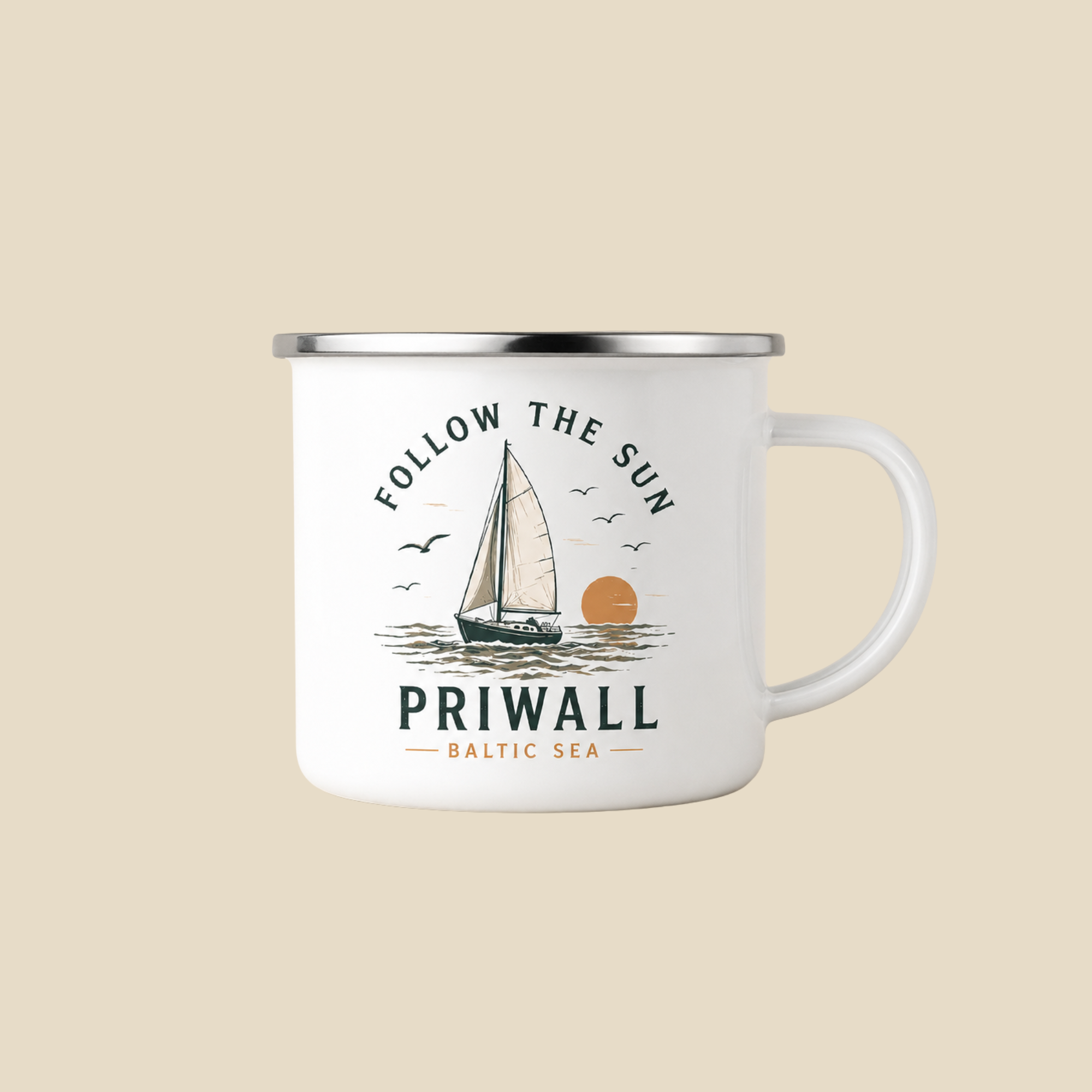 camping priwall Follow the Sun Emaille Tasse – Priwall Ostsee Baltic Coast – Nomavé